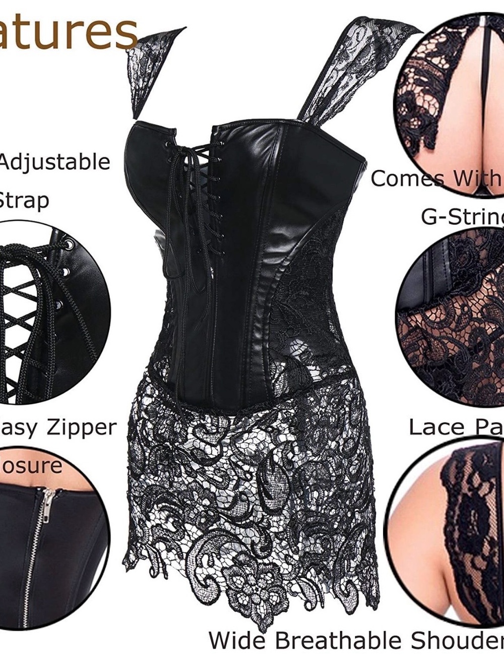 Dreamgirl Black Lace and Faux Leather Corset Dress